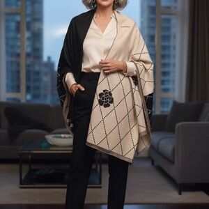 Elegant Black and Cream Shawl with Floral Design